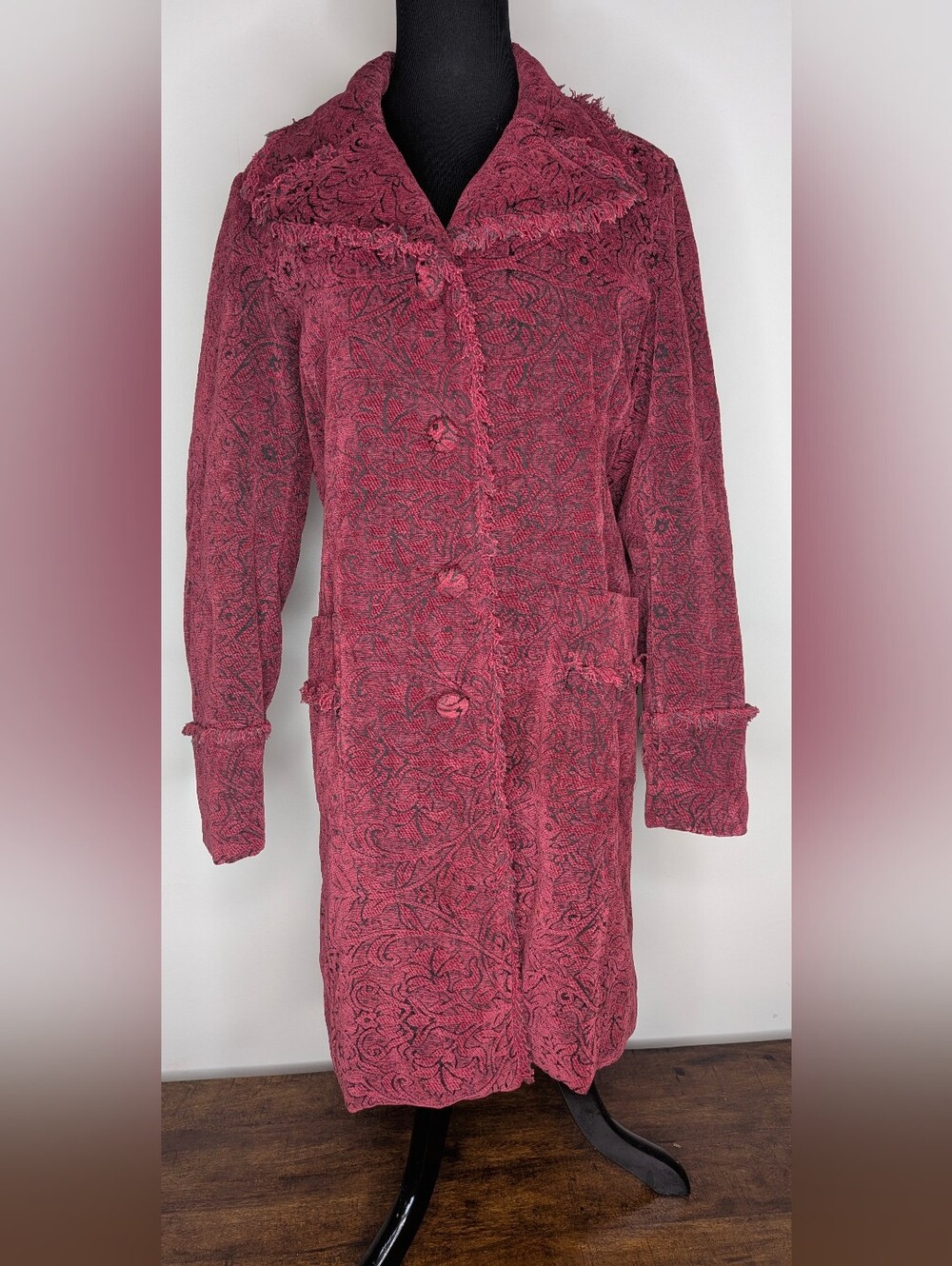 Big Chill Vintage Burgundy Tapestry Textured Fringed Button Long Coat Size Large